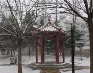 不一會，雪花就輕輕地覆蓋了整個大駐馬，連路邊游園的亭臺都讓這雪花修飾的如此意境不凡。