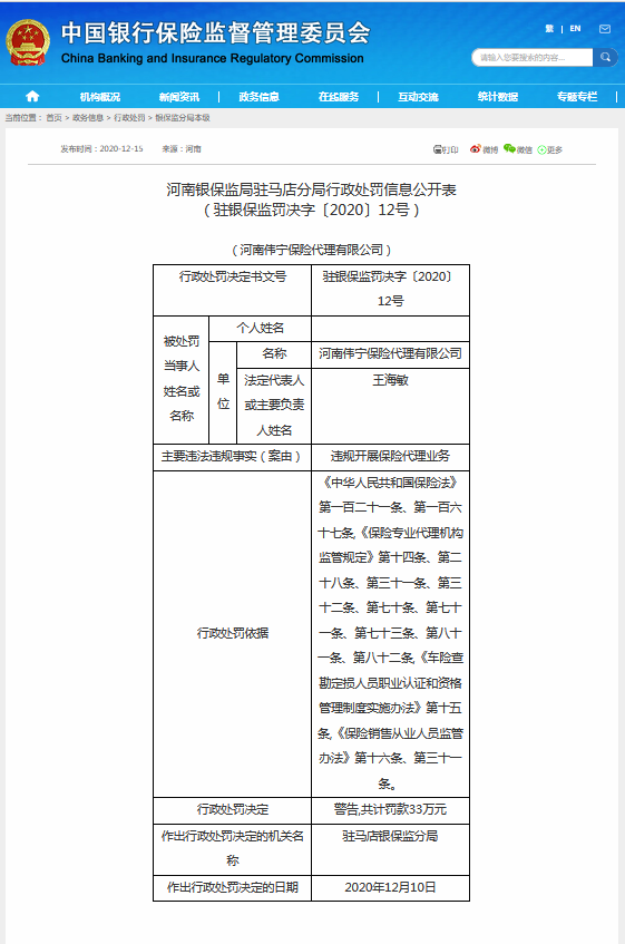 違規(guī)被罰！涉及河南偉寧保險(xiǎn)代理有限公司、中國郵政儲(chǔ)蓄銀行駐馬店市分行