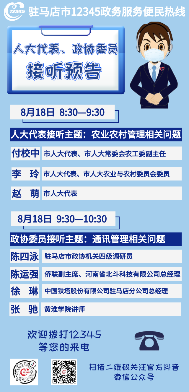 8月18日市人大代表、政協(xié)委員將接聽12345政務(wù)服務(wù)熱線
