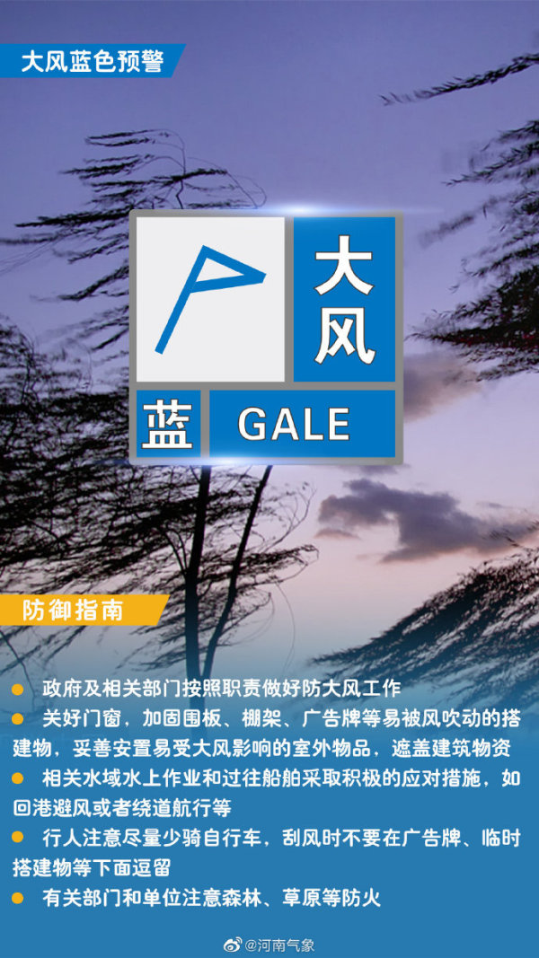 河南氣象臺(tái)發(fā)布大風(fēng)藍(lán)色預(yù)警 中西部陣風(fēng)8級(jí)左右