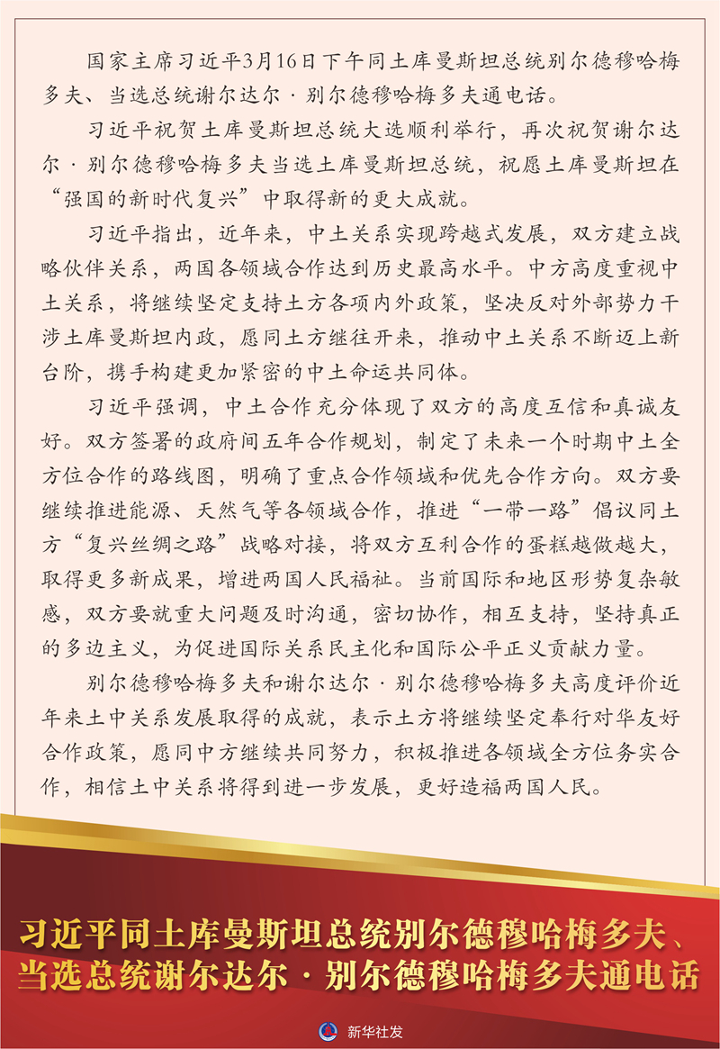 習(xí)近平同土庫(kù)曼斯坦總統(tǒng)別爾德穆哈梅多夫、當(dāng)選總統(tǒng)謝爾達(dá)爾·別爾德穆哈梅多夫通電話