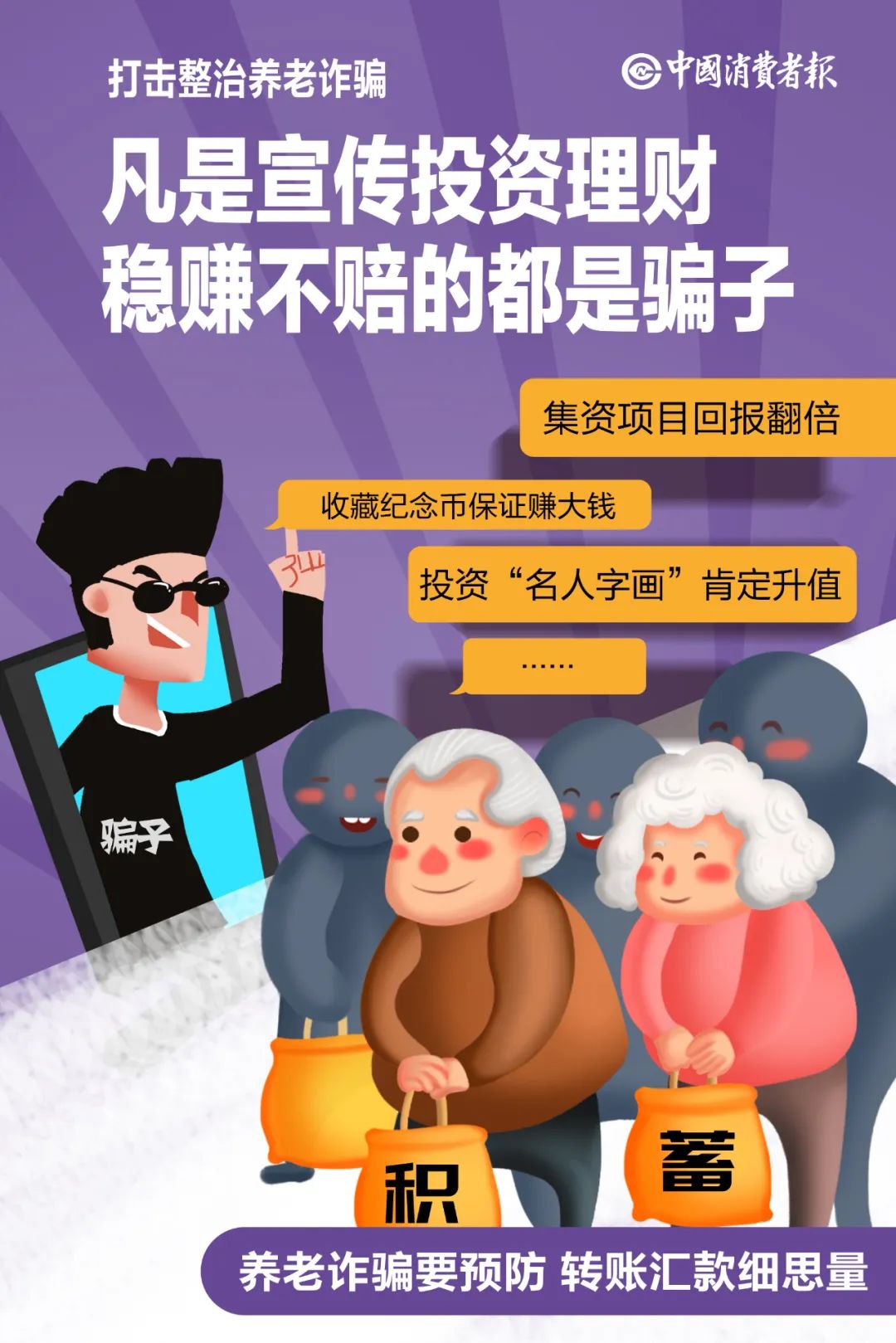 消協(xié)提醒！這些投資消費(fèi)騙局?？永先? /></p>
<p>以上這些案例無不是對不法行為進(jìn)行包裝，利用老年人處于弱勢地位，以“高返還、高收益”誘惑，嚴(yán)重侵害消費(fèi)者權(quán)益，涉嫌犯罪。</p>
<p>北京消協(xié)提醒老年消費(fèi)者</p>
<p>投資需謹(jǐn)慎，如確需投資，應(yīng)樹立理性投資理念，謹(jǐn)慎選擇投資產(chǎn)品，選擇正規(guī)投資機(jī)構(gòu)，提高防騙反詐意識，不要泄露個人信息，及時保存交易證據(jù)，依法維護(hù)自身權(quán)益</p>
<p>樹立理性投資理念。老年消費(fèi)者要做好資金規(guī)劃，不沖動投資，不盲目追求高回報，不要將日常生活和養(yǎng)老必需的錢用來投資。</p>
<p>謹(jǐn)慎選擇投資產(chǎn)品。投資有風(fēng)險,選擇需謹(jǐn)慎。老年消費(fèi)者不要盲目跟風(fēng)，謹(jǐn)防參與非法集資活動。多與子女商量，確認(rèn)好投資產(chǎn)品后再進(jìn)行投資。</p>
<p>選擇正規(guī)投資機(jī)構(gòu)。老年消費(fèi)者投資理財一定要通過正規(guī)平臺或官方渠道，不輕信理財廣告，不聽信可疑電話和短信。在購買投資產(chǎn)品前，應(yīng)查看經(jīng)營者的營業(yè)執(zhí)照及業(yè)務(wù)經(jīng)營許可證，充分了解相關(guān)合同條款。</p>
<p>不要泄露個人信息。老年消費(fèi)者在日常生活中要增強(qiáng)個人信息安全意識，個人信息不外泄，以防個人信息被冒用、濫用或非法使用。</p>
<p>提高防騙反詐意識。老年消費(fèi)者可下載國家反詐中心應(yīng)用程序，主動學(xué)習(xí)防詐騙知識。對陌生號碼、鏈接、陌生賬號要提高警惕，做到不輕信、不透露、不轉(zhuǎn)賬。</p>
<p>及時保存交易證據(jù)。在購買投資產(chǎn)品時，應(yīng)主動索要發(fā)票、收據(jù)等消費(fèi)憑證，保留宣傳和承諾信息、交易記錄、合同訂單、等相關(guān)證據(jù)，以便用于維護(hù)自身權(quán)益。</p>
<p>依法維護(hù)自身權(quán)益。如遇到投資消費(fèi)糾紛，應(yīng)及時與投資機(jī)構(gòu)及平臺協(xié)商解決，如協(xié)商不成，可向消費(fèi)者協(xié)會或行業(yè)主管部門投訴，或提請仲裁機(jī)構(gòu)仲裁以及向人民法院提起訴訟。若發(fā)現(xiàn)疑似遭遇詐騙或非法金融活動，應(yīng)立即向公安機(jī)關(guān)報案。（記者 萬曉東）</p>
      <!--ecms.*-->
      <p class=