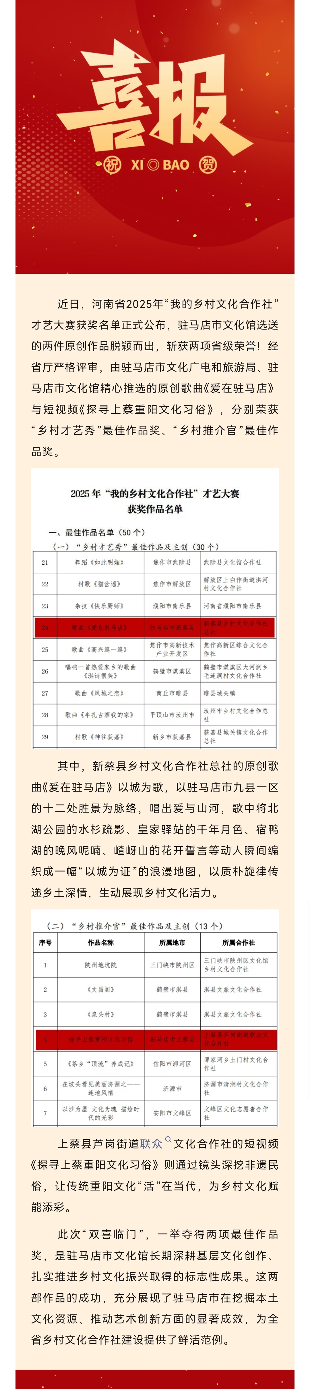 喜報丨駐馬店市文化館選送作品榮獲兩項省級獎